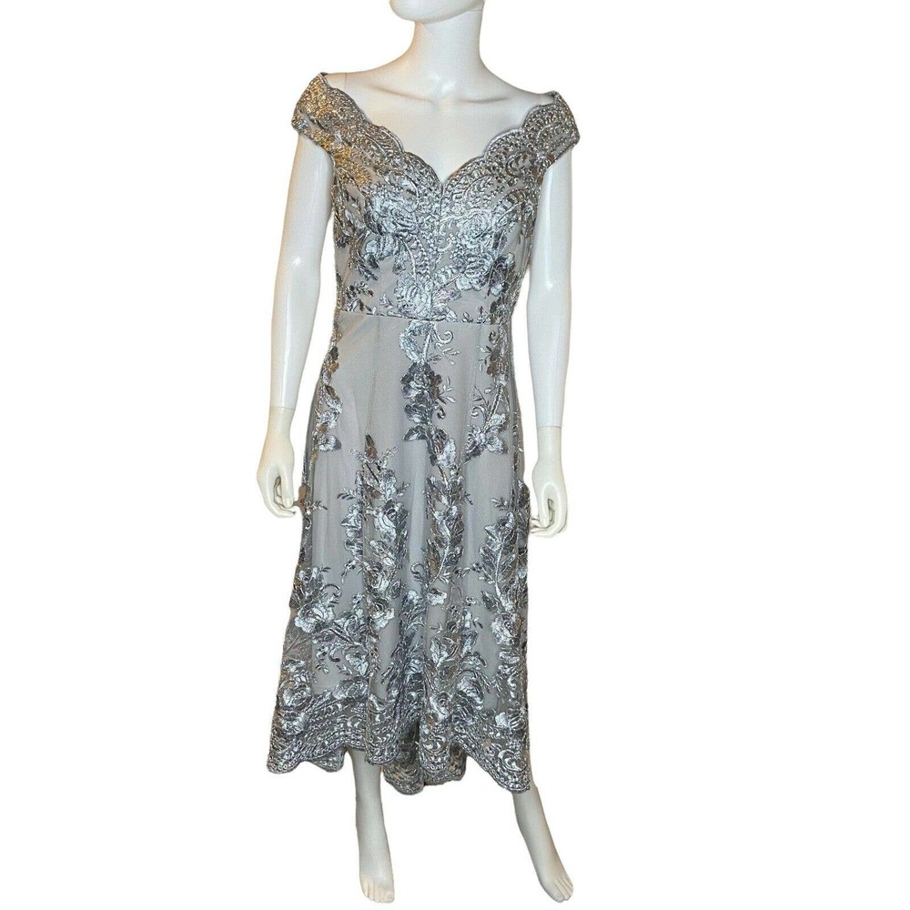 Quiz Gray Embroidered Scallop Neck Dip Hem Dress US 8 UK 12 NWT Org $170 - Picture 2 of 10